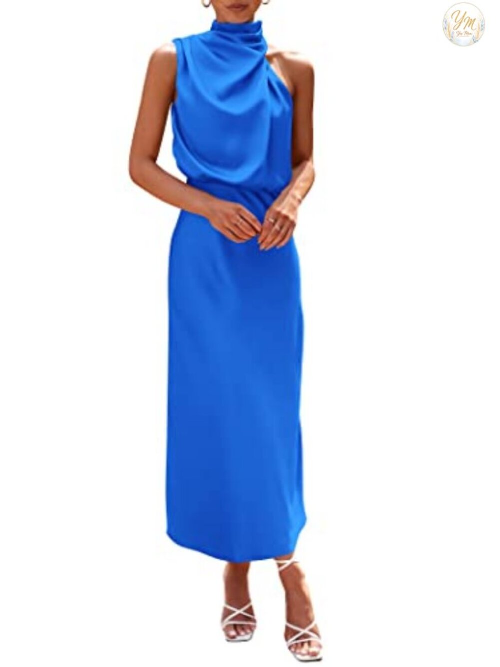 Satin Maxi Cocktail Dress Mock Neck Sleeveless Fit & Flare